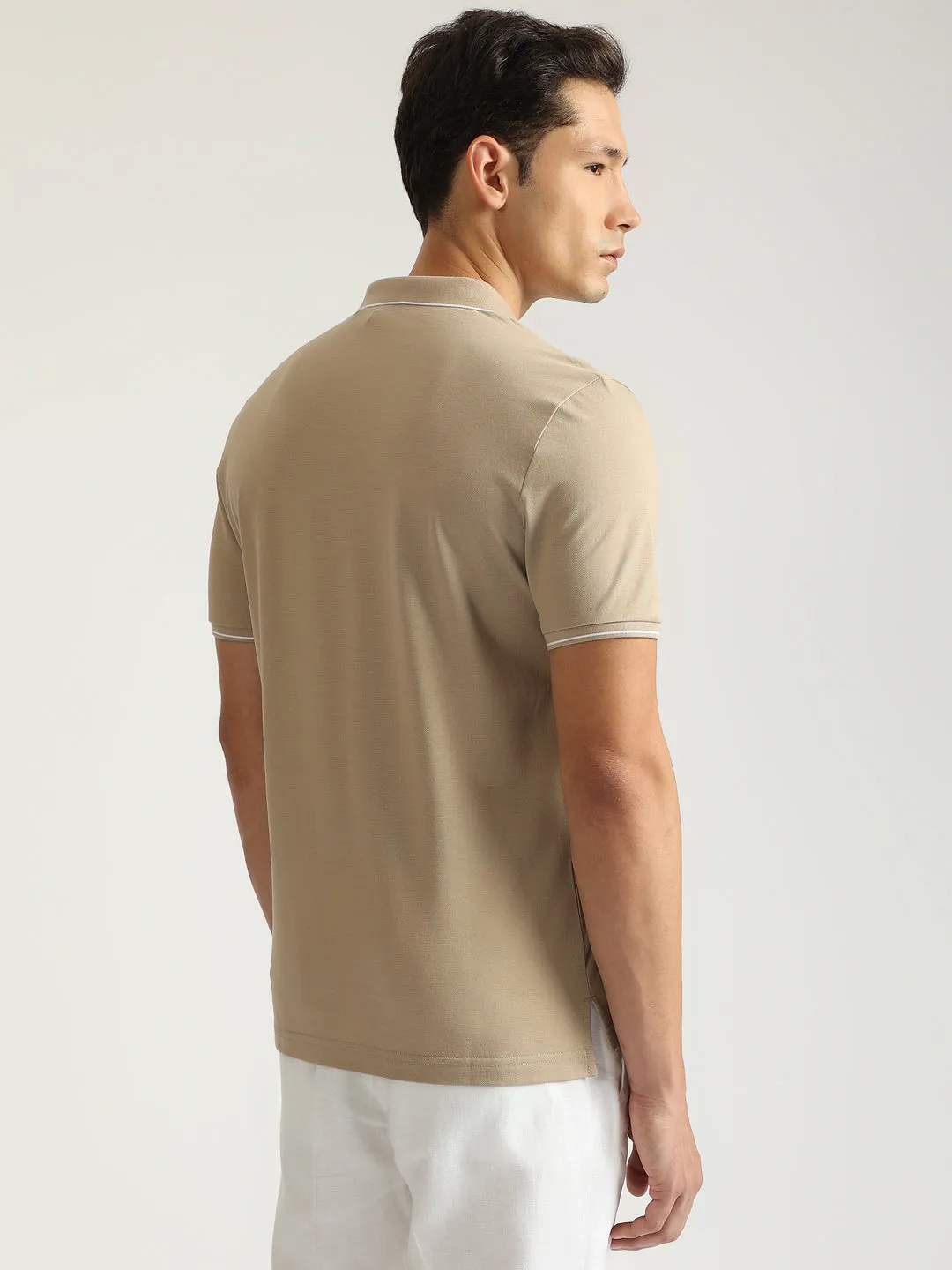 Antony Morato Men Beige Solid Collared Short Sleeves Polo T-Shirt