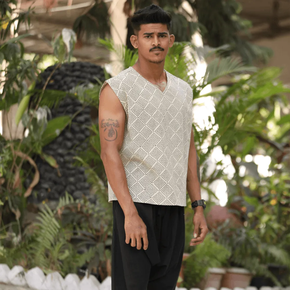 Beige-Printed Handwoven Cotton Sleeveless Tank Top | Cotton Top for Men