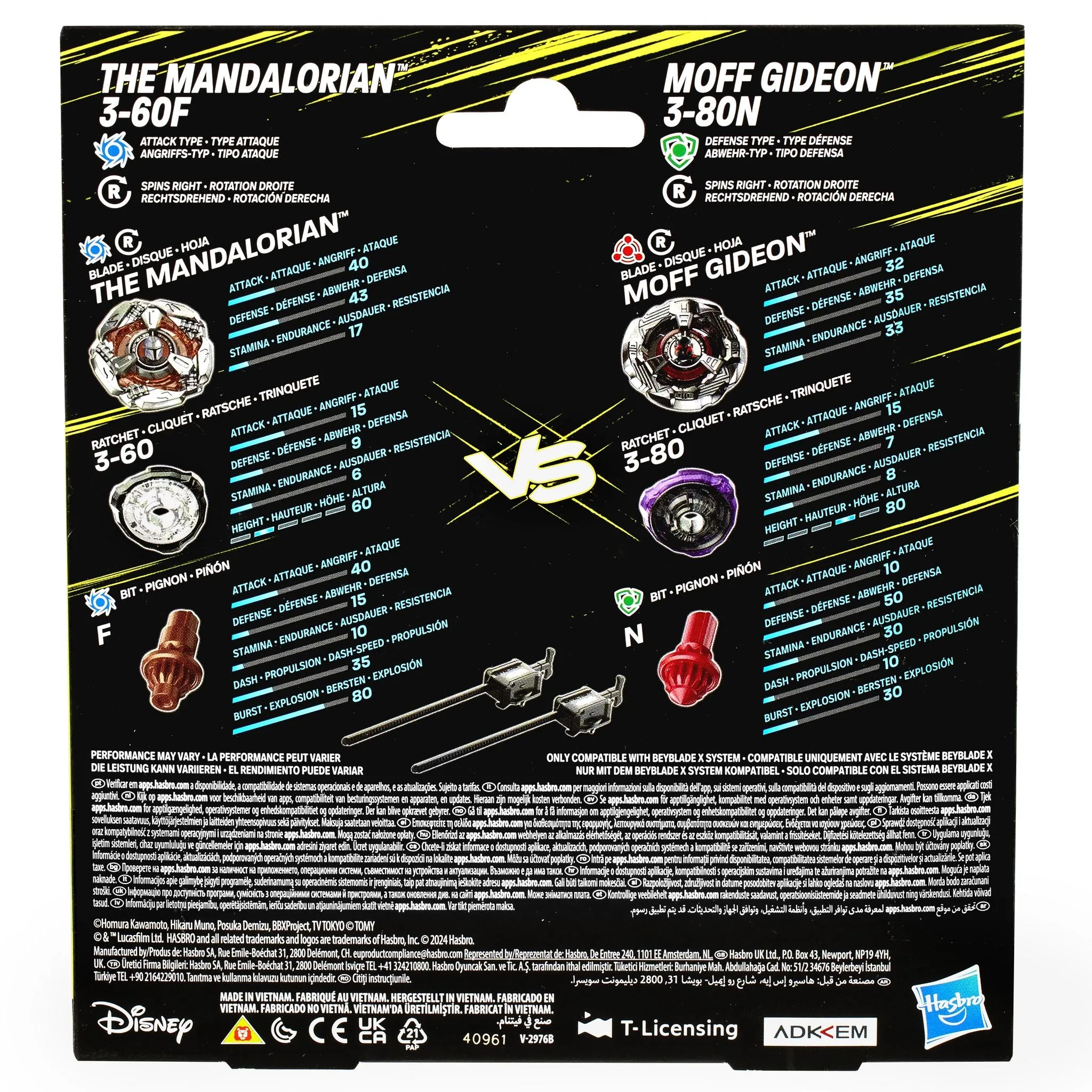 Beyblade X and Star Wars Collab The Mandalorian 3-60F vs. Moff Gideon 3-80N