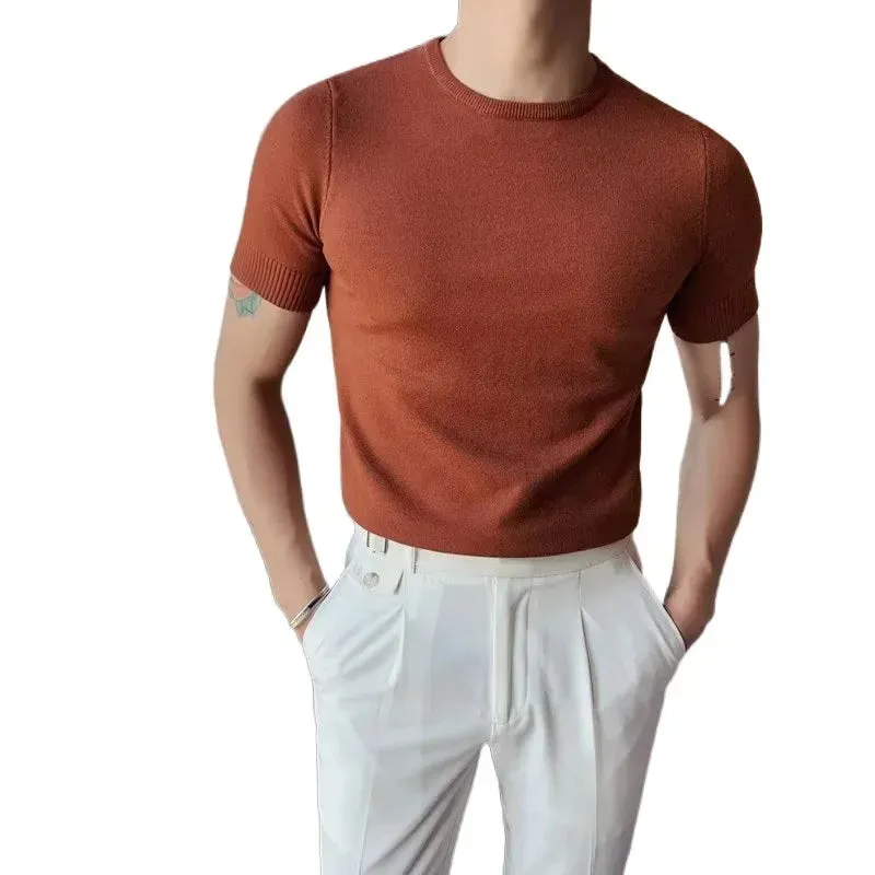 Bonsir Autumn New Round Neck Knitted T-shirt For Men Korean Solid Color Slim Fit Short Sleeves Simple  Versatile Pullover Tees Top