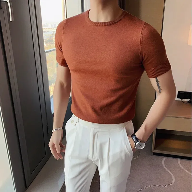 Bonsir Autumn New Round Neck Knitted T-shirt For Men Korean Solid Color Slim Fit Short Sleeves Simple  Versatile Pullover Tees Top