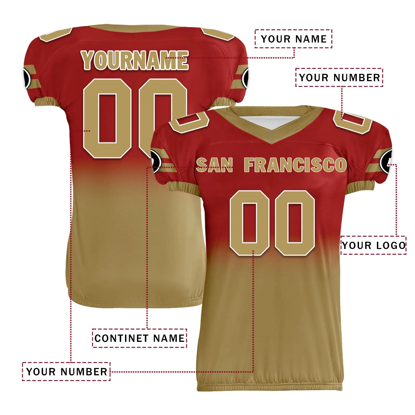 Custom Red Gold Fade Fashion San Francisco High-Performance American Football Jersey FBJ06-D020252-25