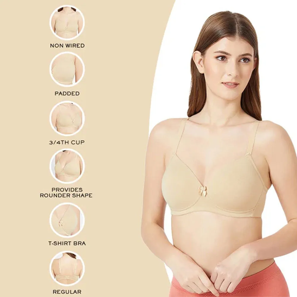 Essentials Padded Non-wired Full Cup Everyday Wear Cotton Blend T-Shirt Bra - Beige