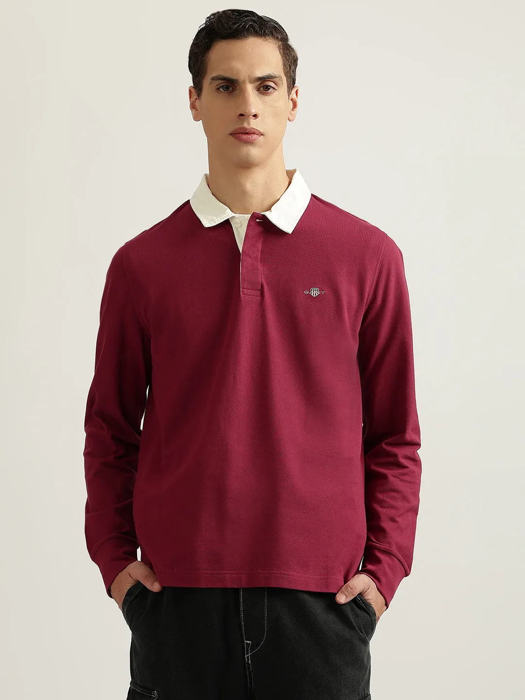 Gant Men Maroon Solid Collared Full Sleeves Polo T-Shirt