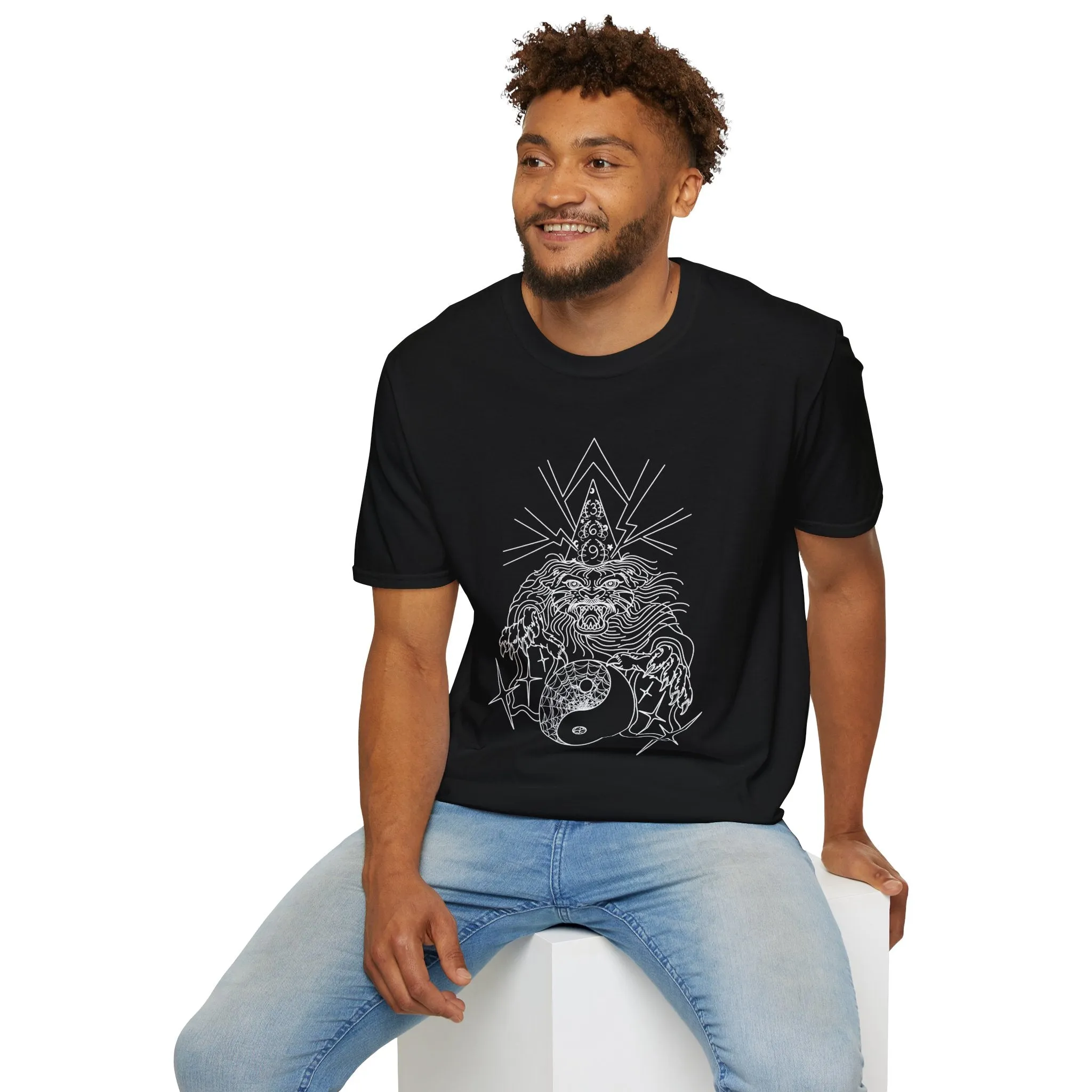 Graphic Tee | Tattoo Flash Wizard and Panther Design on Black Softstyle Shirt