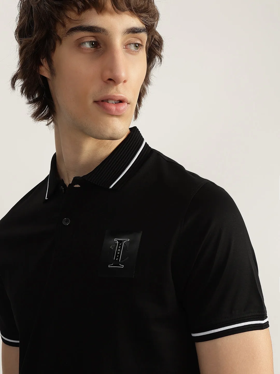 Iconic Men Black Solid Polo Neck Short Sleeves T-Shirt