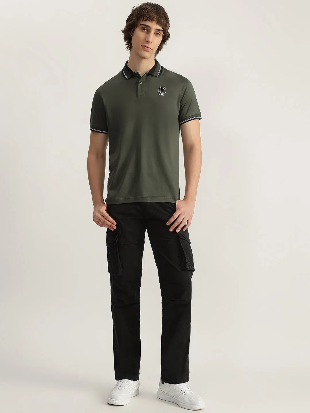 Iconic Men Olive Solid Polo Neck Short Sleeves T-Shirt