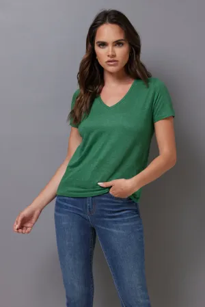 Majestic Short Sleeve Linen V-Neck in Emerald