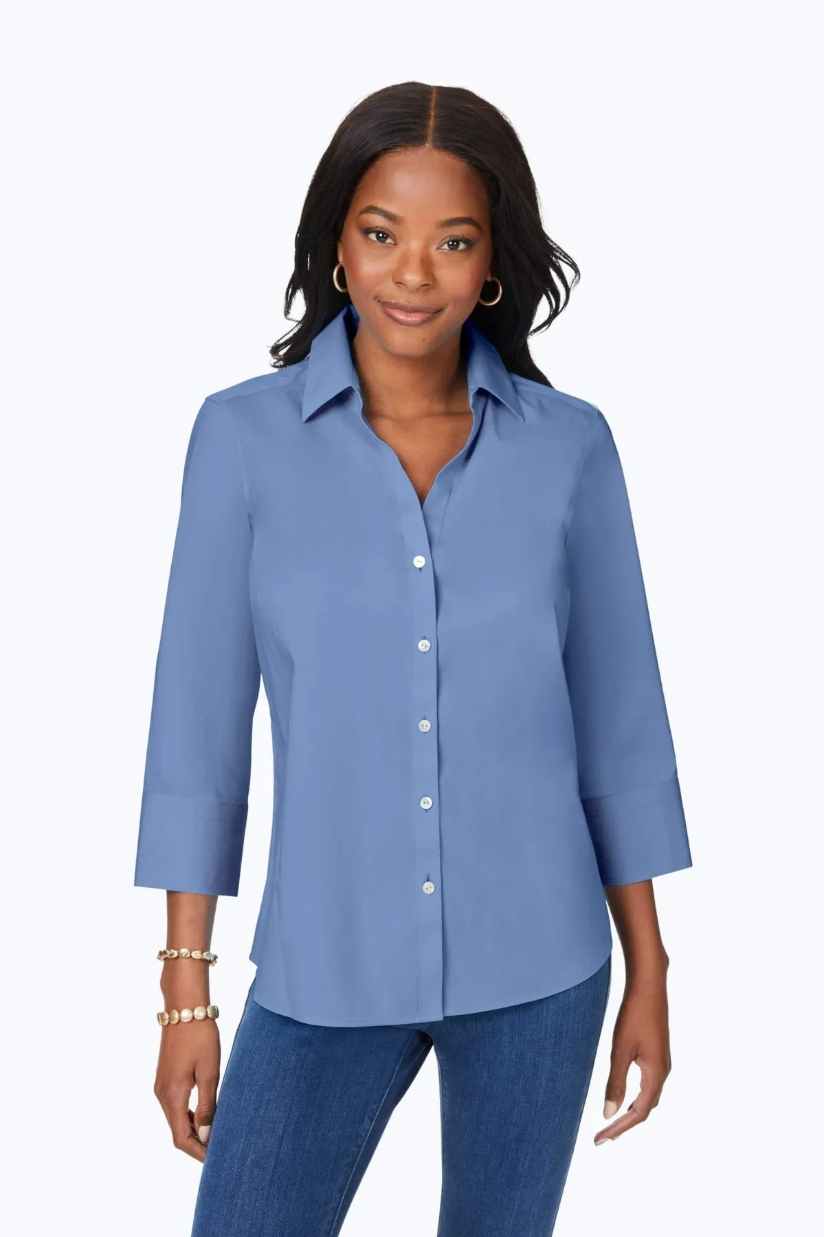 Mary Stretch No Iron 3/4 Sleeve Shirt, Blue Denim