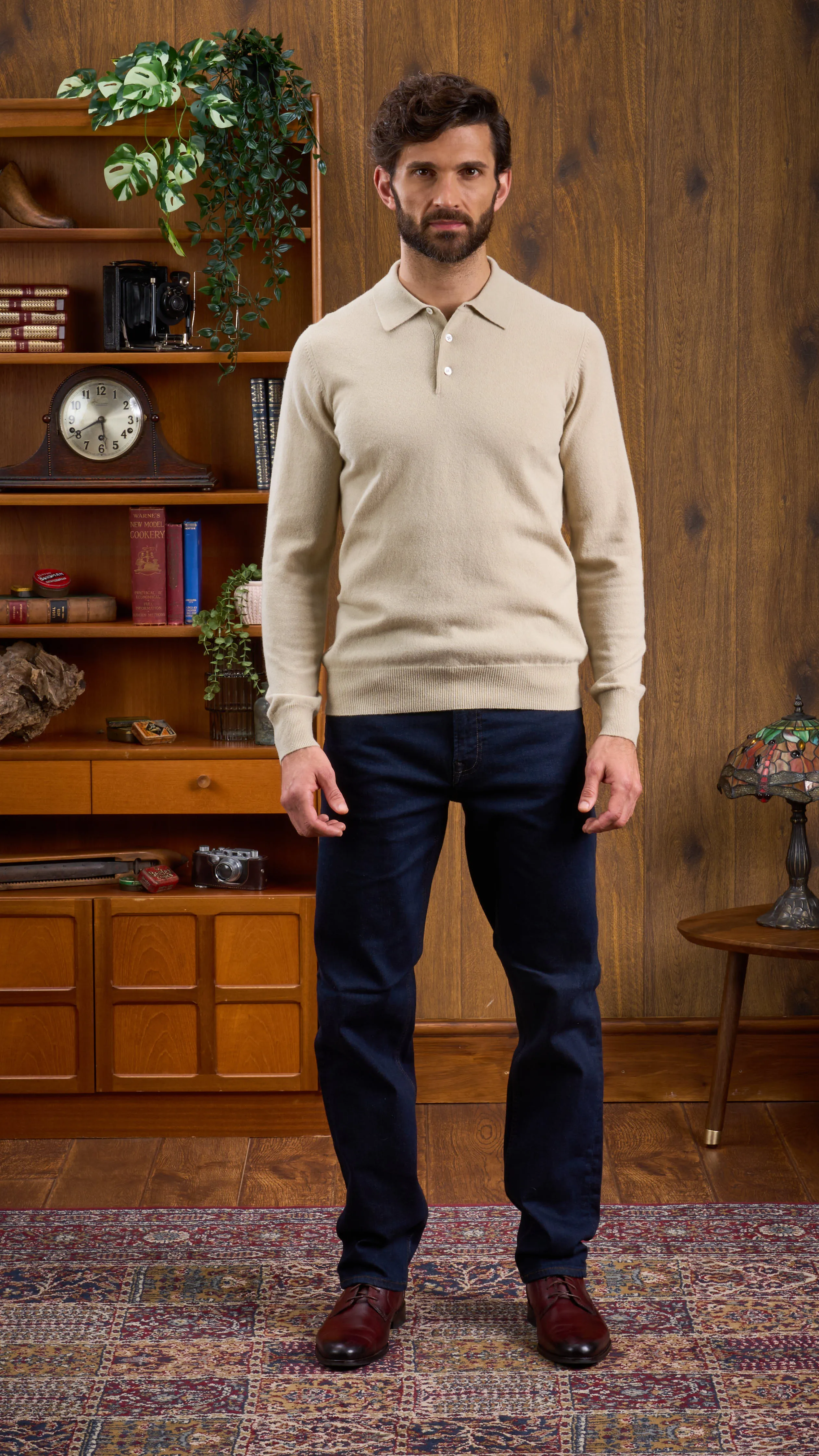 Men's Geelong Lambswool Long Sleeve Polo Shirt in Natural - Regular Fit