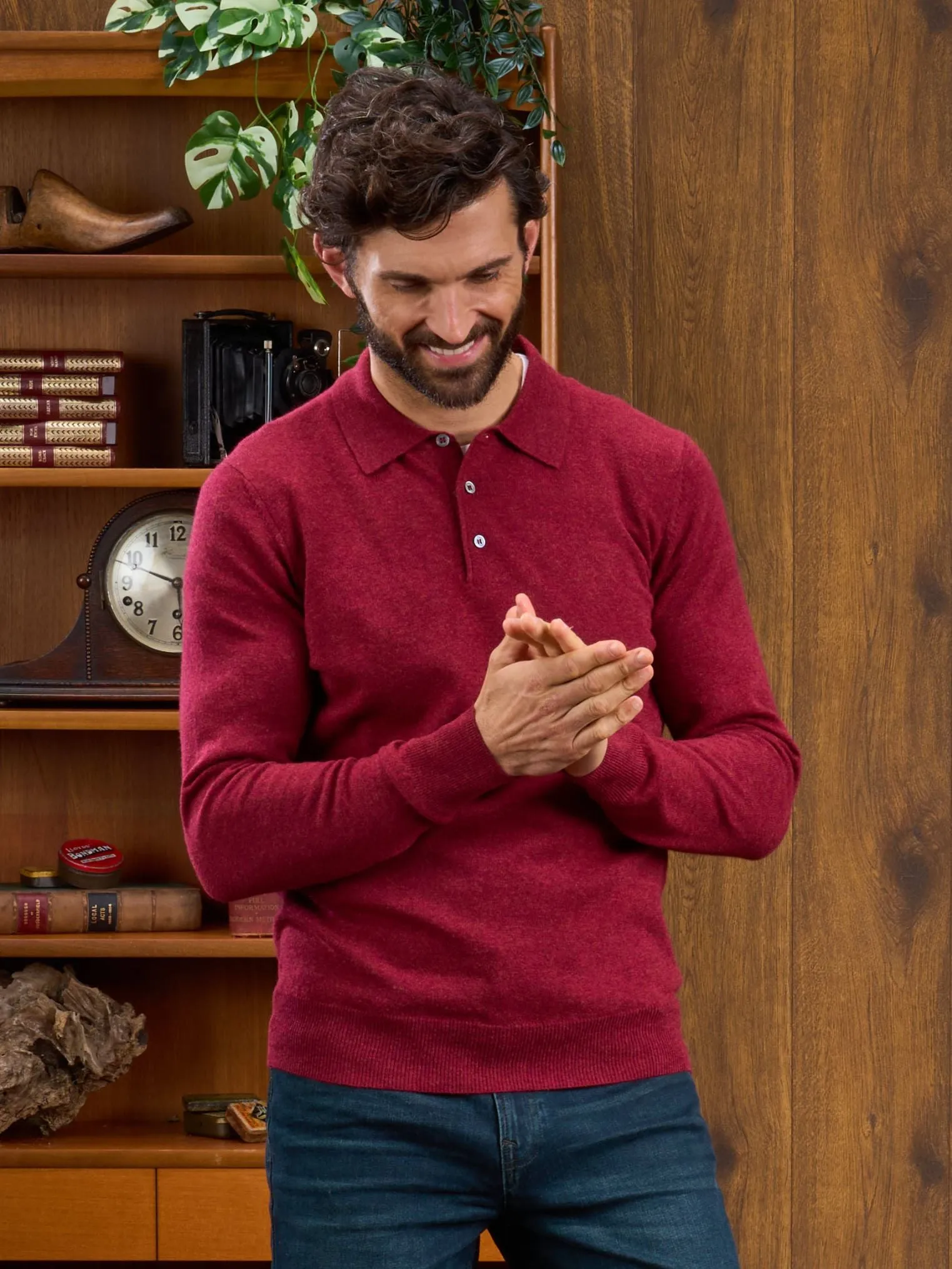 Men's Geelong Lambswool Long Sleeve Polo Shirt in Rosso - Regular Fit