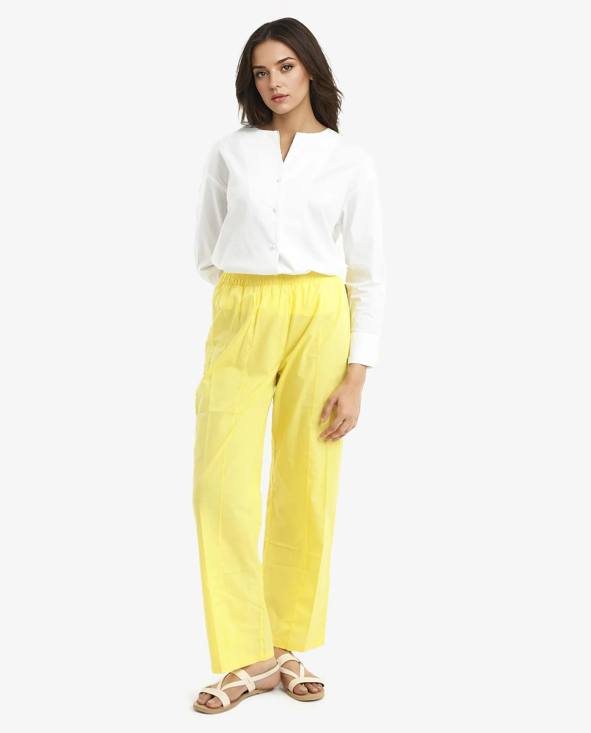 Rareism Women Badgle-B Pastel Yellow Cotton Fabric Regular Length Trouser