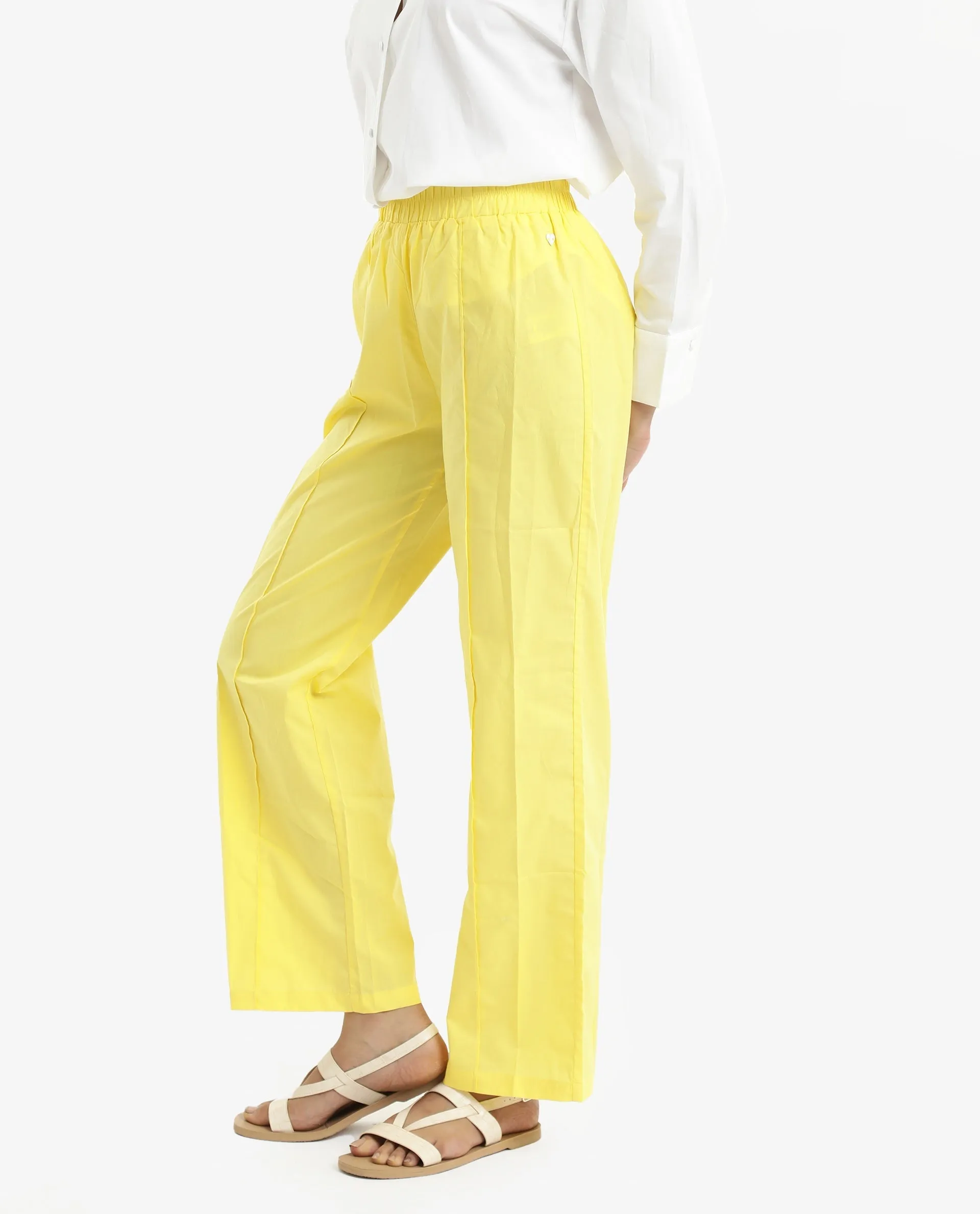 Rareism Women Badgle-B Pastel Yellow Cotton Fabric Regular Length Trouser