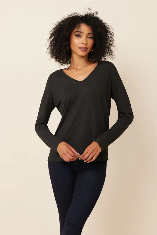 Soft Touch Semi Relaxed V-Neck w/ Side Slits in Anthracite Chine