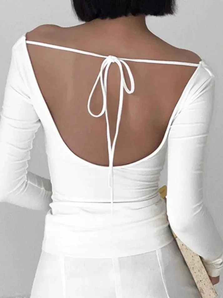 Solid Color Stacked Neck Backless Lacing Long Sleeve Tee