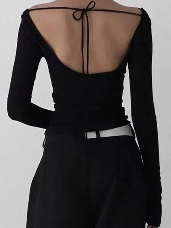 Solid Color Stacked Neck Backless Lacing Long Sleeve Tee