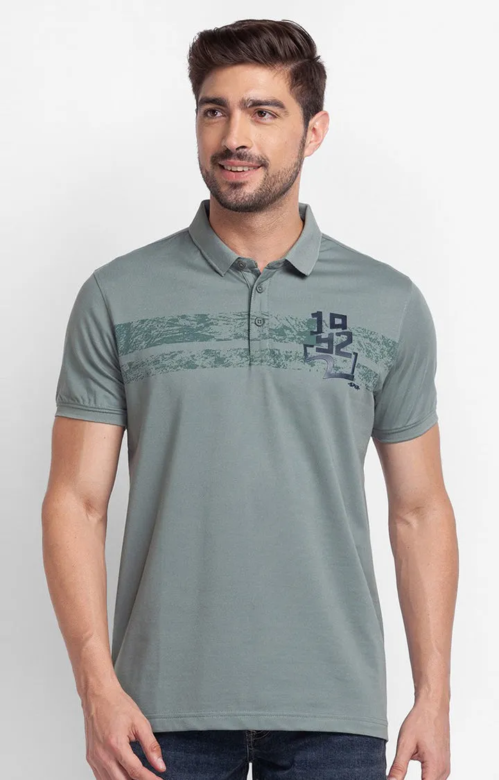 Spykar Dark Sage Green Cotton Half Sleeve Printed Casual Polo T-Shirt For Men