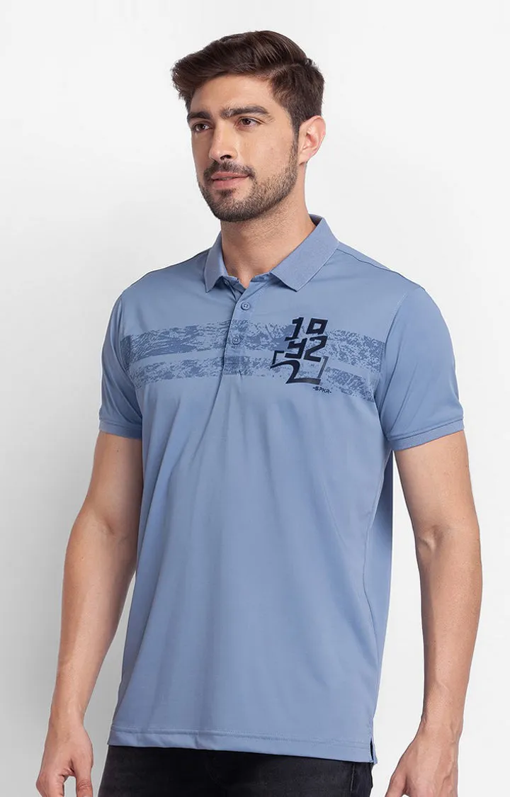 Spykar Dark Smoke Blue Cotton Half Sleeve Printed Casual Polo T-Shirt For Men