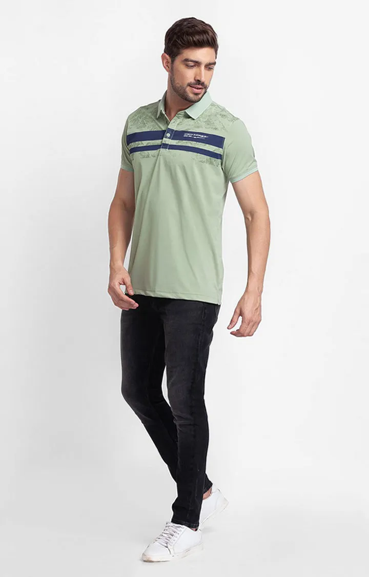 Spykar Dusty Green Cotton Half Sleeve Printed Casual Polo T-Shirt For Men