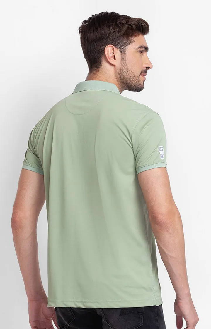 Spykar Dusty Green Cotton Half Sleeve Printed Casual Polo T-Shirt For Men