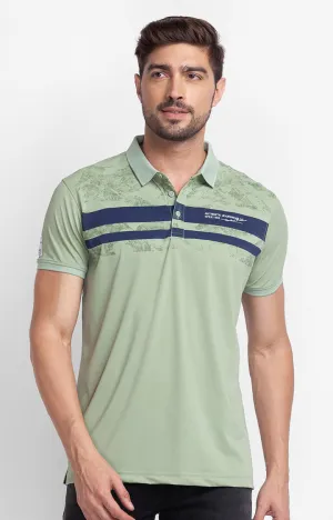 Spykar Dusty Green Cotton Half Sleeve Printed Casual Polo T-Shirt For Men