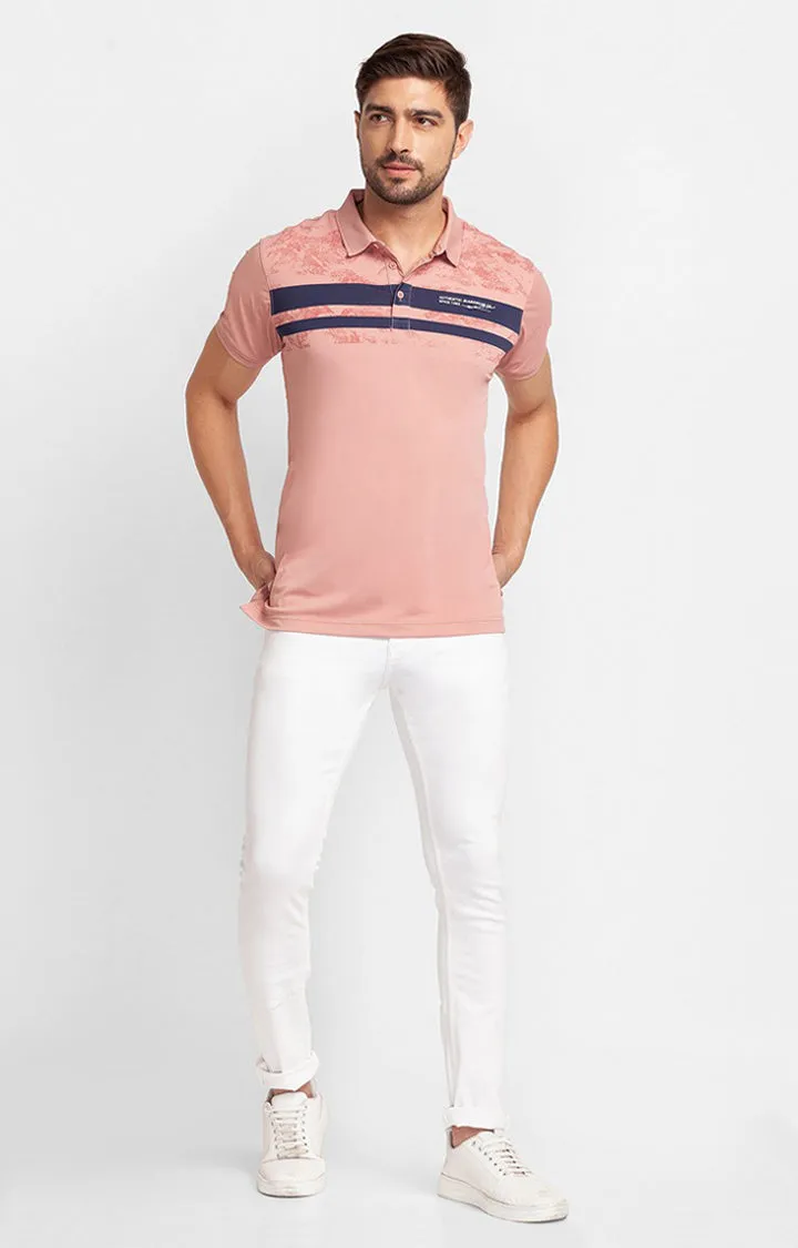 Spykar Dusty Pink Cotton Half Sleeve Printed Casual Polo T-Shirt For Men