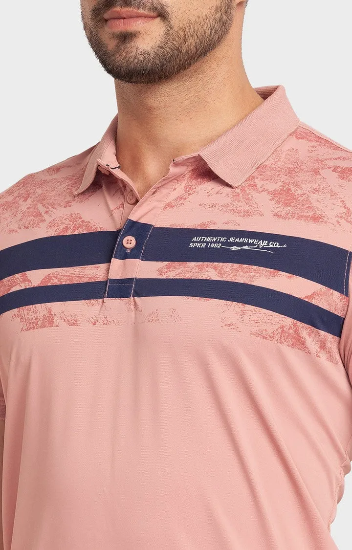 Spykar Dusty Pink Cotton Half Sleeve Printed Casual Polo T-Shirt For Men