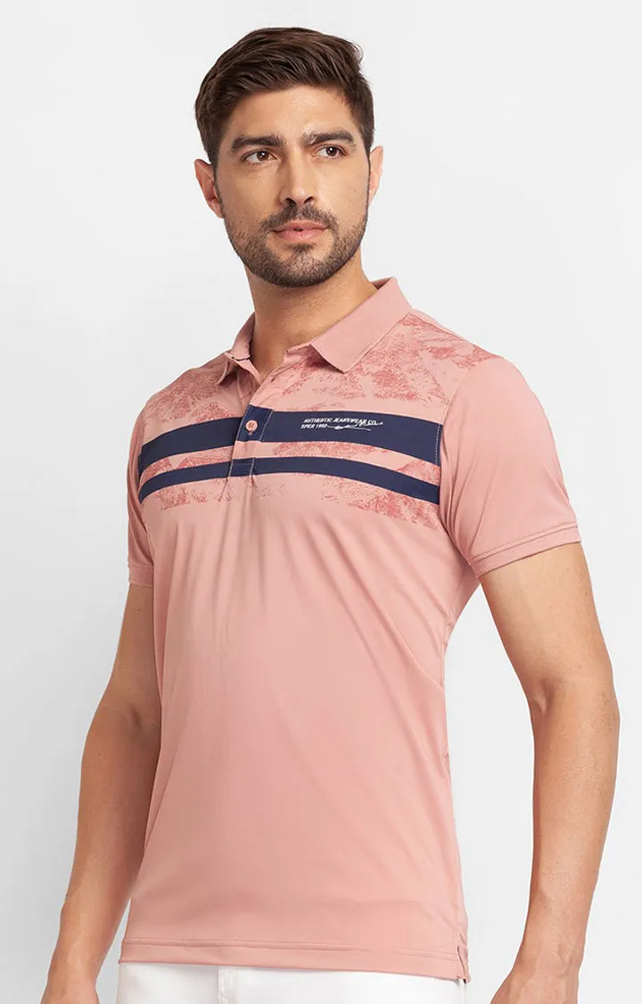 Spykar Dusty Pink Cotton Half Sleeve Printed Casual Polo T-Shirt For Men