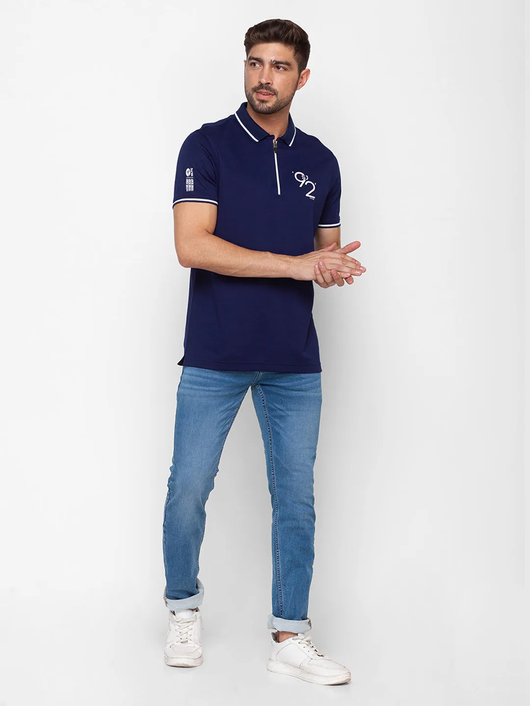 Spykar Navy Blue Cotton Half Sleeve Plain Casual Polo T-Shirt For Men