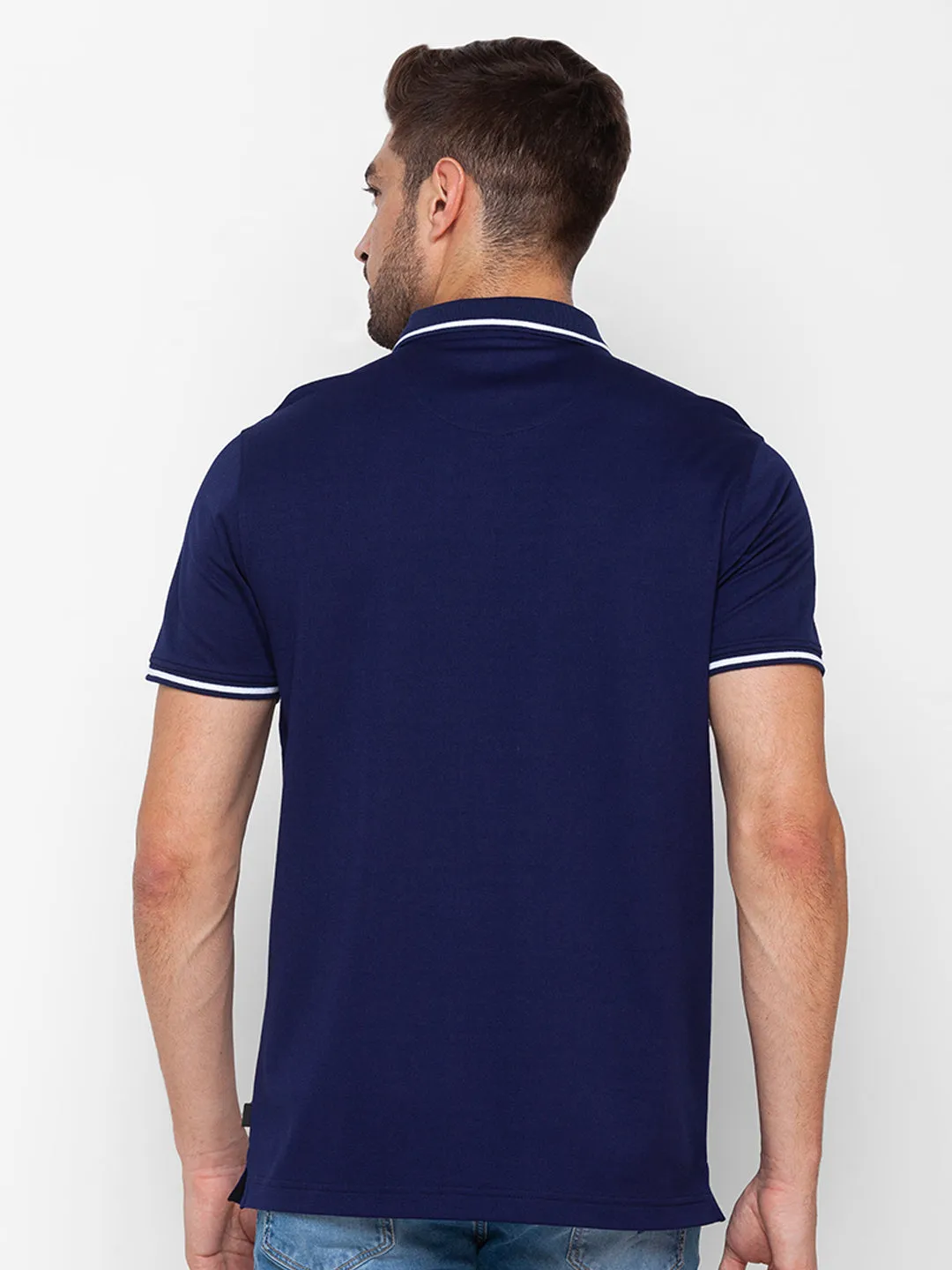 Spykar Navy Blue Cotton Half Sleeve Plain Casual Polo T-Shirt For Men