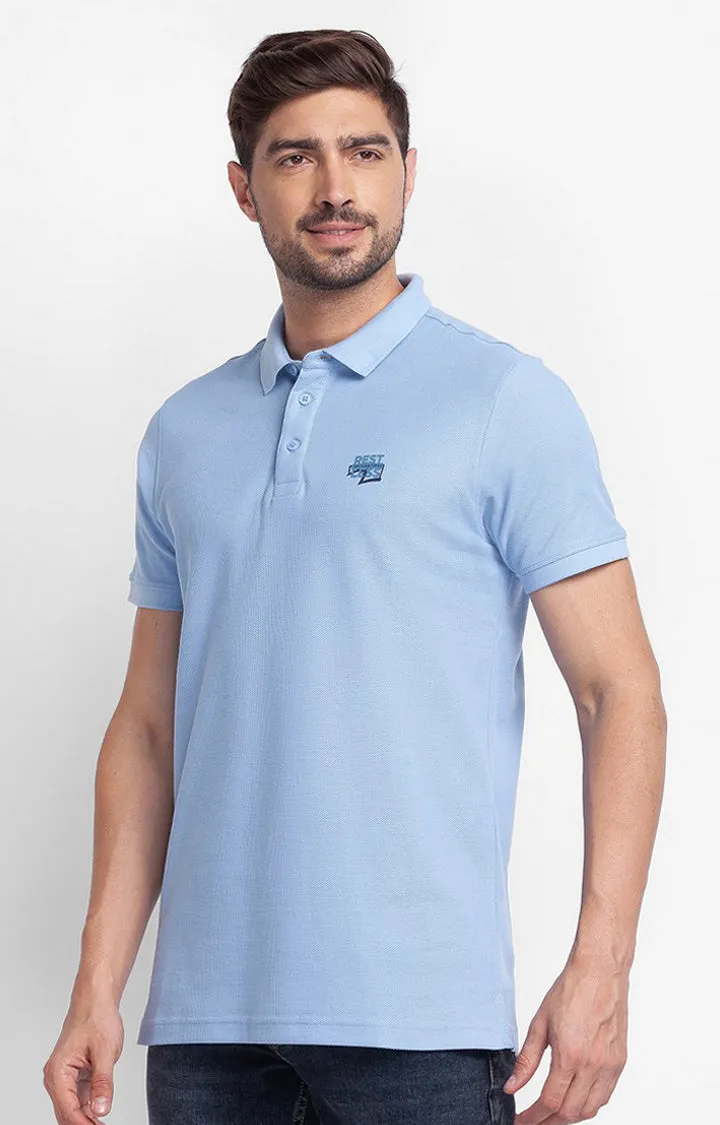 Spykar Powder Blue Cotton Half Sleeve Plain Casual Polo T-Shirt For Men