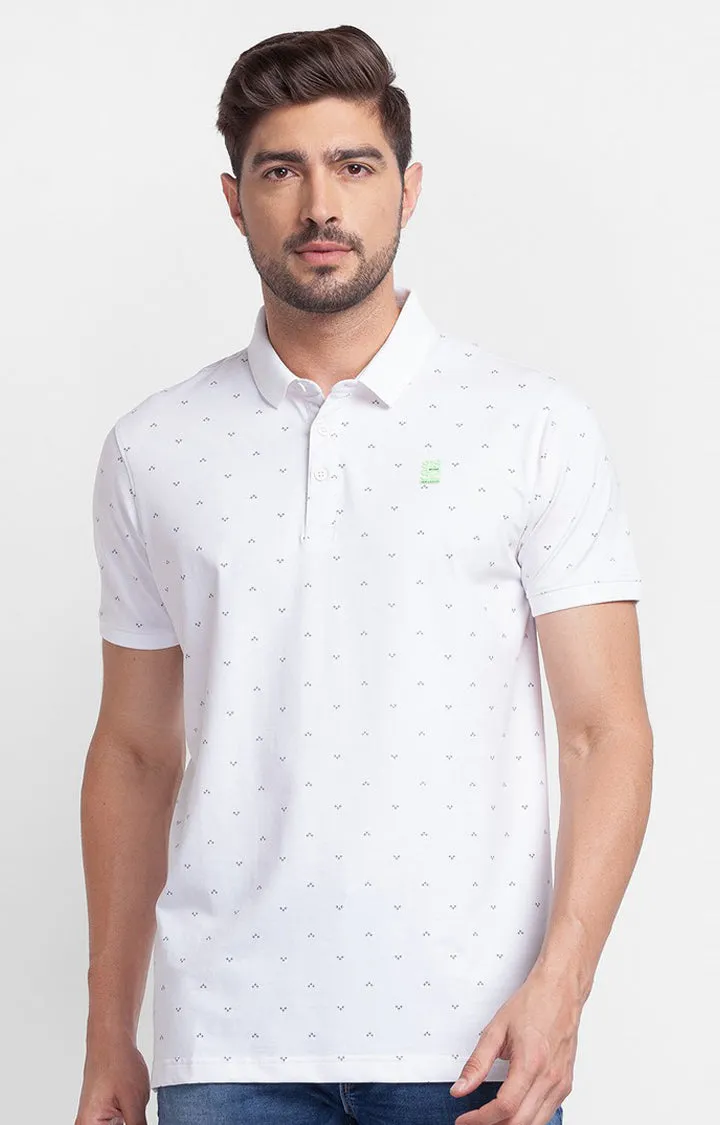 Spykar White Cotton Half Sleeve Printed Casual Polo T-Shirt For Men