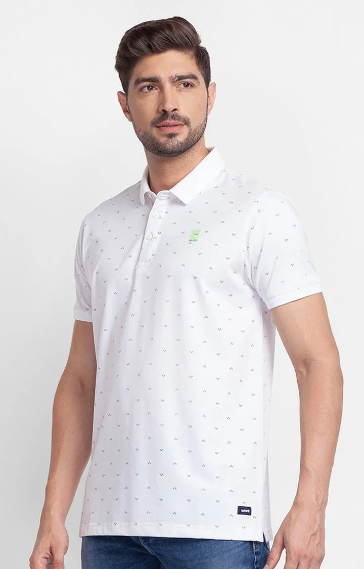 Spykar White Cotton Half Sleeve Printed Casual Polo T-Shirt For Men