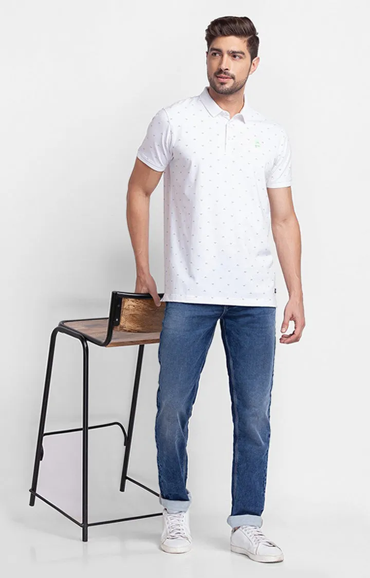 Spykar White Cotton Half Sleeve Printed Casual Polo T-Shirt For Men