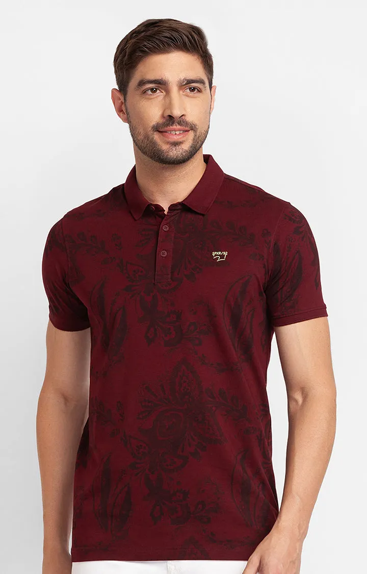 Spykar Wine Cotton Half Sleeve Printed Casual Polo T-Shirt For Men