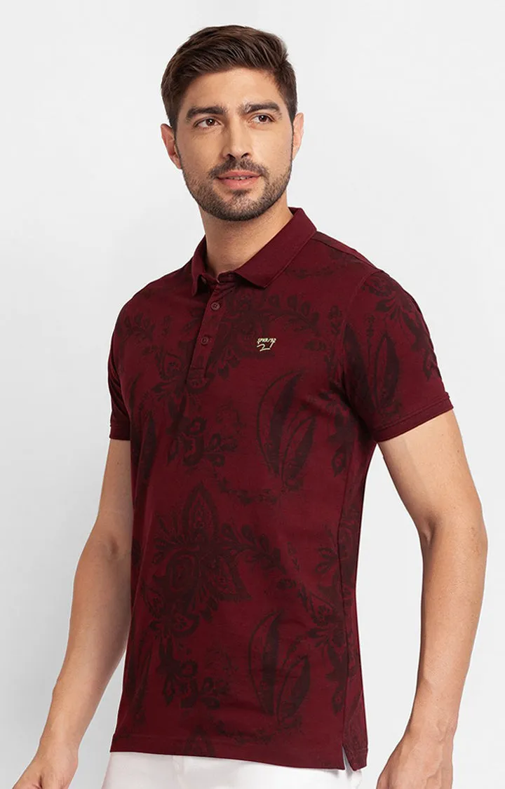 Spykar Wine Cotton Half Sleeve Printed Casual Polo T-Shirt For Men