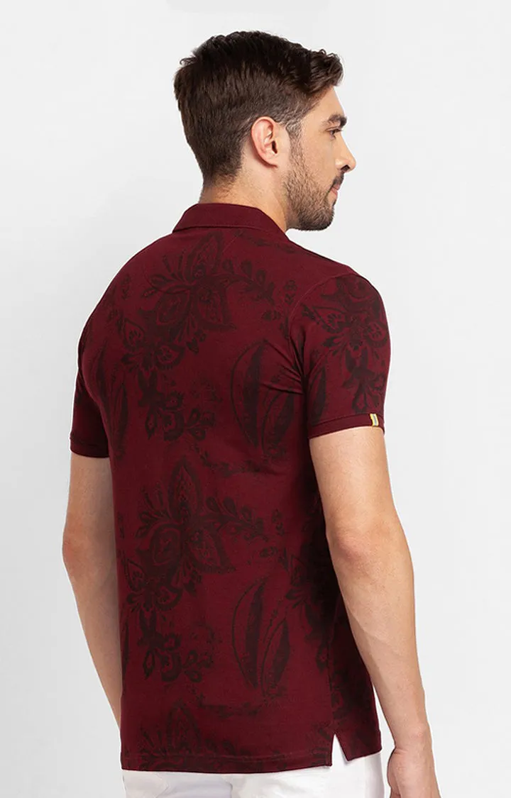 Spykar Wine Cotton Half Sleeve Printed Casual Polo T-Shirt For Men