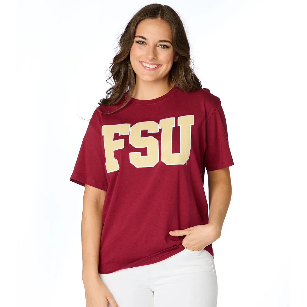 Stewart Simmons Women's Felt FSU Relaxed Fit Short Sleeve T-shirt - Garnet