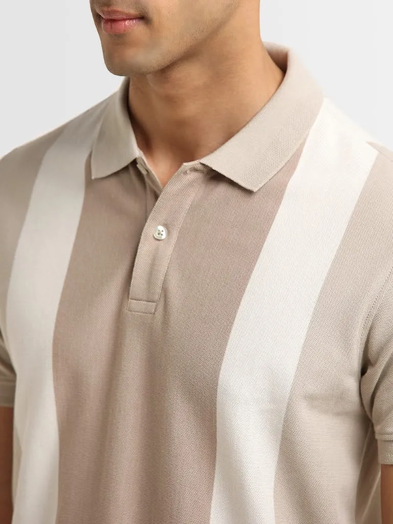 WES Casuals Beige Striped Polo Cotton Blend Slim Fit T-Shirt